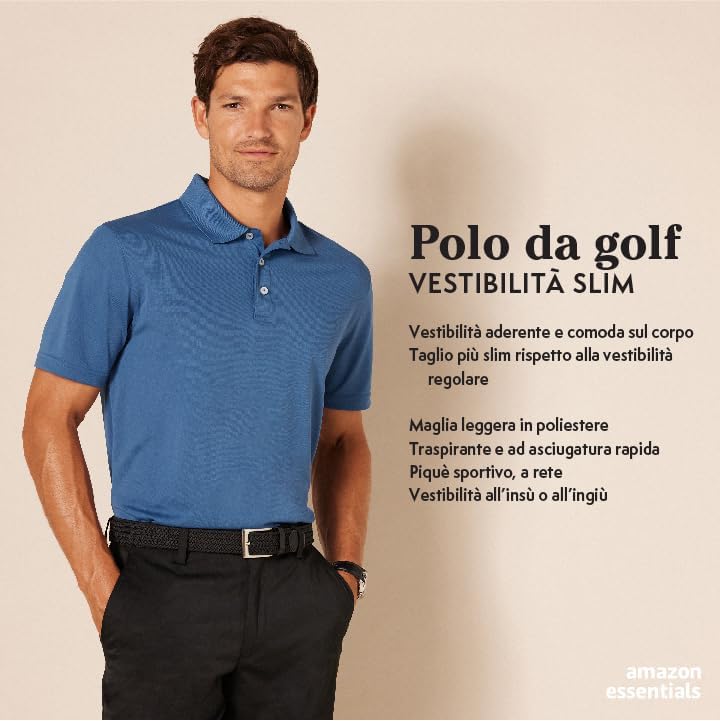 Polo da Golf da Uomo, vestibilità Aderente, ad Asciugatura Rapida, Blu Scuro, Taglia S