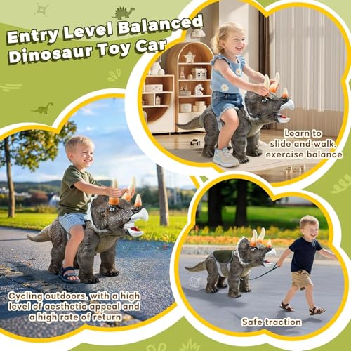 Dinosaur Ride On Toy Car for Kids - Triceratops with Roar Sound & Light Up Horns, Safe Pull String & Comfortable Seat, Indoor Outdoor Walking Trainer, Ideal Birthday Christmas Gift for Toddlers