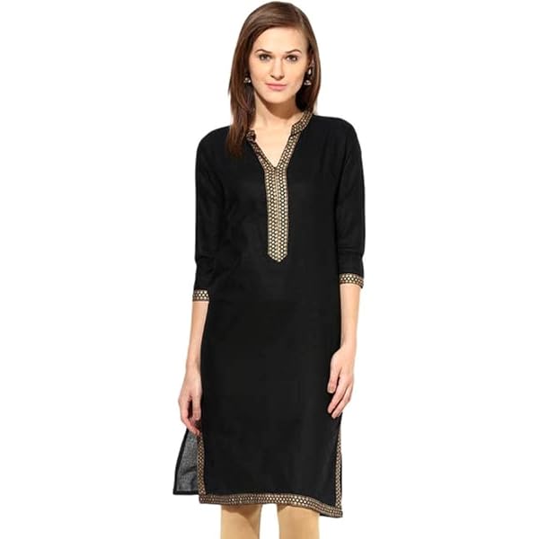 Ada Indian Hand Embroidered Chikankari Cotton Kurta - Black Straight Kurti, XX-Large, Women's Tunic