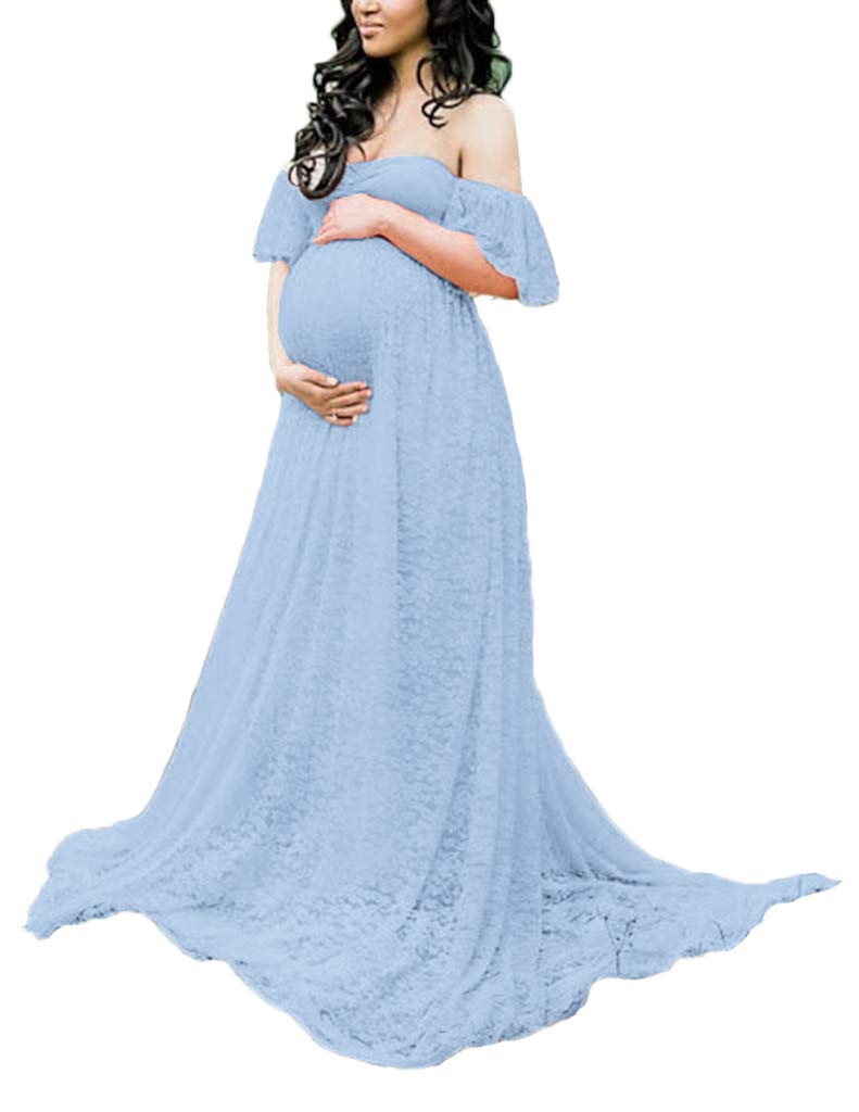 Photo 1 of Maternity Photography Props Floral Lace Dress Fancy Pregnancy Gown for Baby Shower Photo Shoot (M, Light Blue)