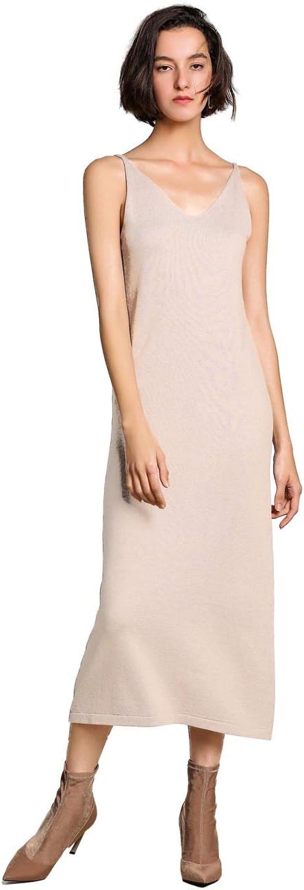 Sweater Dresses Women Cashmere Blending Plain Knit V-Neck Spaghetti Strap Elasticity Midi Fashion Casual Dress
