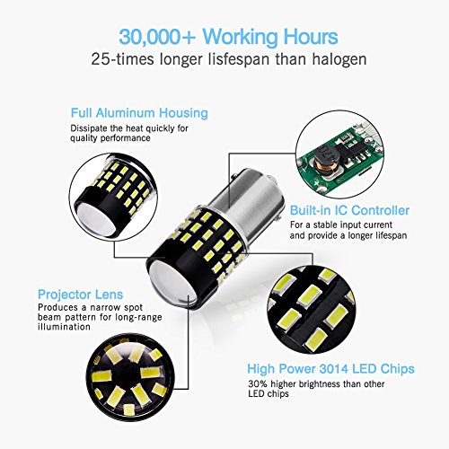 AUTOGINE 4 X 1000 Lumens Super Bright 9-30V 1156 1003 1141 7506 BA15S LED Bulbs 3014 54-EX Chipsets with Projector for Back Up Reverse Lights DRL Turn Signal Lights Tail Brake Lights, Xenon White - Thumbnail 3