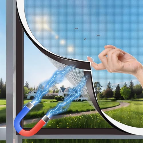 HOFUDON Magnetic Window Mosquito Net 130 x 150 cm, Fibreglass Reinforced DIY Cuttable, Easy Installation Without Drilling, Easy to Clean, Magnetic Mosquito Net for Sliding Windows (Grey Mesh)