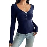 FWSAM Women Y2k Aesthetic V Neck Button Down Henley T Shirt Coquette Slim Fit Long Sleeve Lace Trim Crop Top