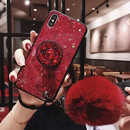 Tianyuanxuan iPhone Xs max Case,Fashion Blu-ray Leopard Diamond Holder Cover with Rabbit Fur Hairball Phone Case for iPhone Xs max (Red Marble, for iPhone Xs max/xs max 6.5-inch)