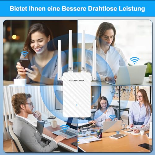 WONLINK WLAN-Verstärker, WLAN Repeater 1200 Mbps Dualband Internet Verstärker mit 4 Antennen, Ethernet-Port, WPS & MU-MIMO Unterstützt Repeater Router AP Modus Signalanzeige Ideal für Zuhause und Büro