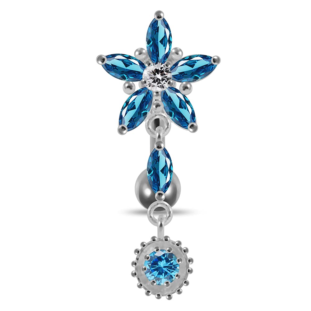 AZARIO LONDON Light Blue Crystal Stone Trendy Flower Design Sterling Silver Belly Bars Piercing