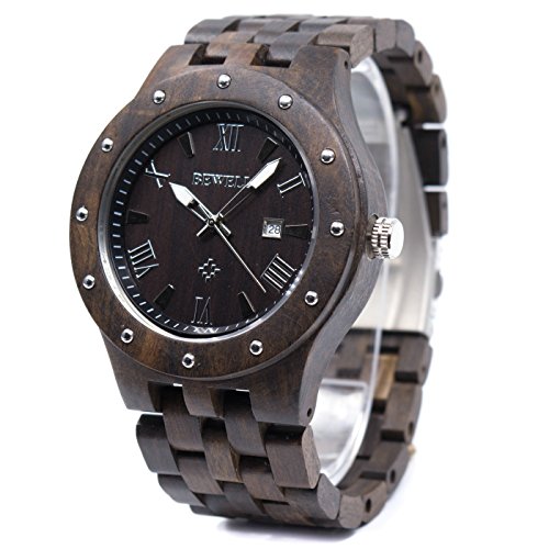 Bewell Mens Wood Watch Quartz Analog Luminous Handcrafted Wood Wristwatch W109A(African Sandalwood)