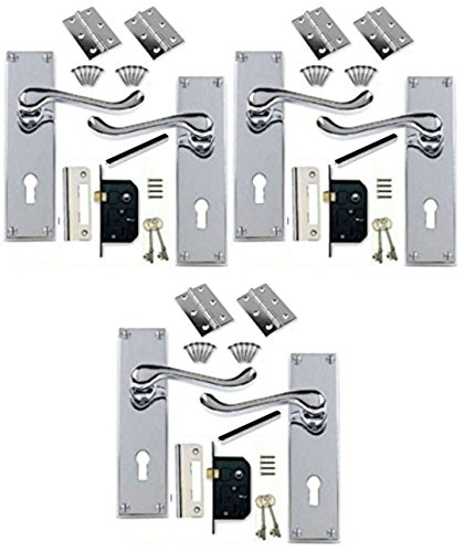 3 sets of Victorian Scroll Polished Chrome Door Handle Lock Pack + 2 Lever Lock + Hinges (3)