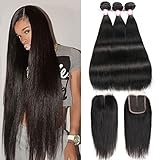 CYNOSURE Brazilian Virgin Hair Straight 3 Bundles with Closure 4x4 Middle Part Human Hair Bundles with Closure Natural Black(14 16 18+12 inch closure)