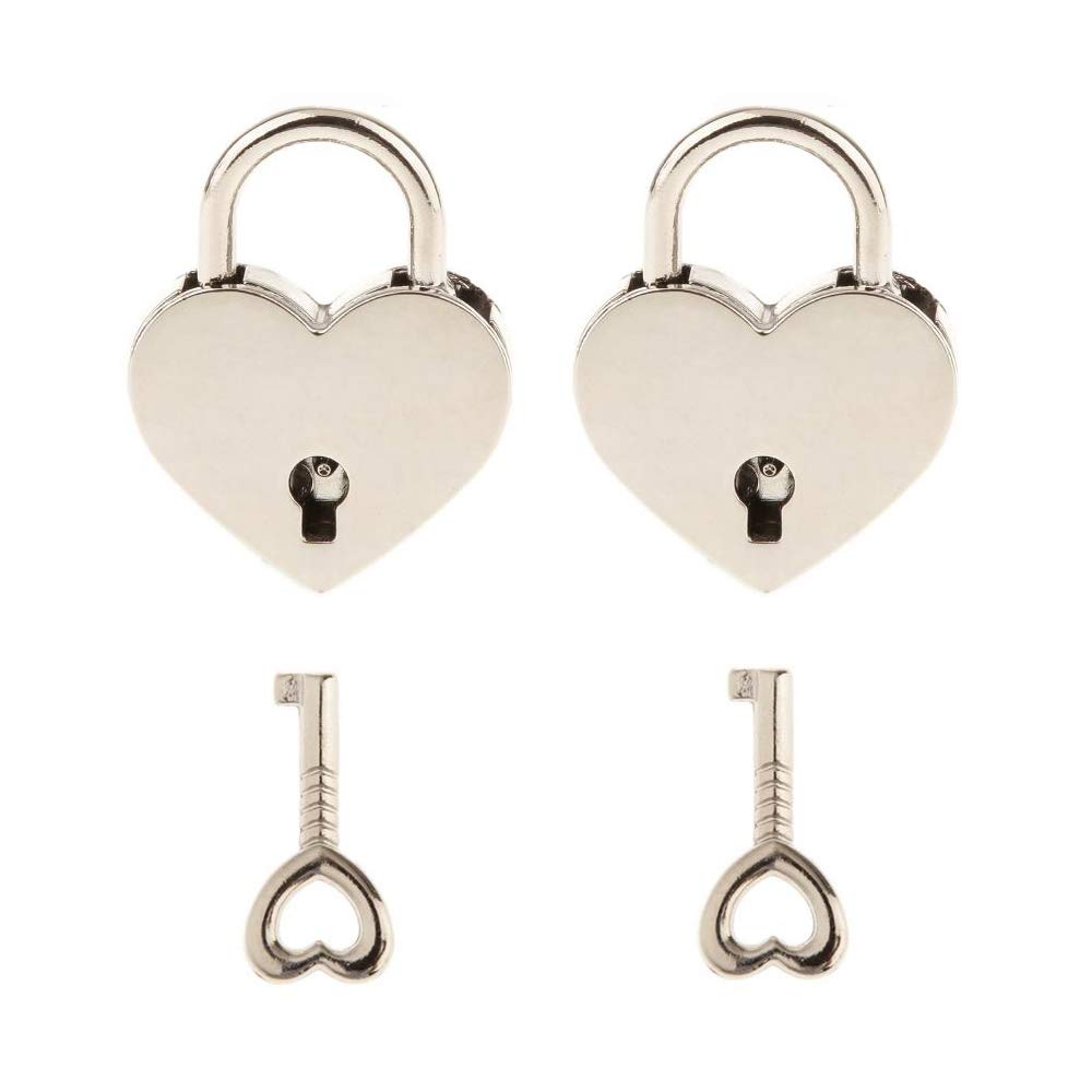 Small Metal Heart Shaped Padlock Mini Lock with Key for Jewelry Box Storage Box Diary Book,Pack of 2 (Silver)