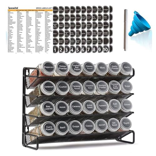 GANGHUI Spice Jars 4-Tier Stackable Spice Racks with 28 Glass Spice Jars, Seasoning Bottle Organizer with 386 Labels with Chalk Marker and Funnel Complete Set for Countertop, Cabinet or Wall Mount