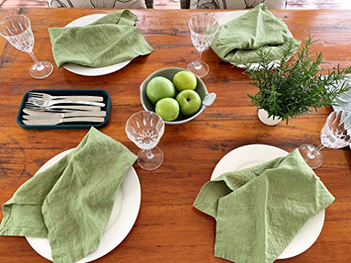 Eight Owls Linen Napkins –100% French Flax – Stonewashed Pure Linen Cloth Napkins - Size 18 Inch x 18 Inch – Set of 4 (Pepper Green)