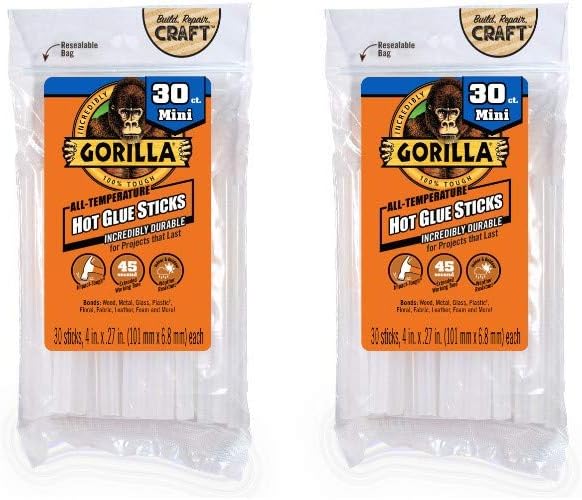 Gorilla Hot Glue Sticks, Mini Size, 4" Long x .27" Diameter, 30 Count, Clear, (Pack of 2) - - 