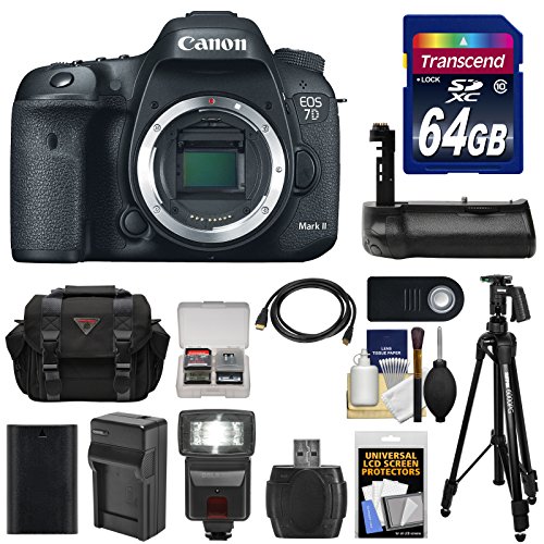 Canon EOS 7D Mark II GPS Digital SLR Camera Body with 64GB Card + Battery & Charger + Case + Grip + Flash + Tripod + Kit