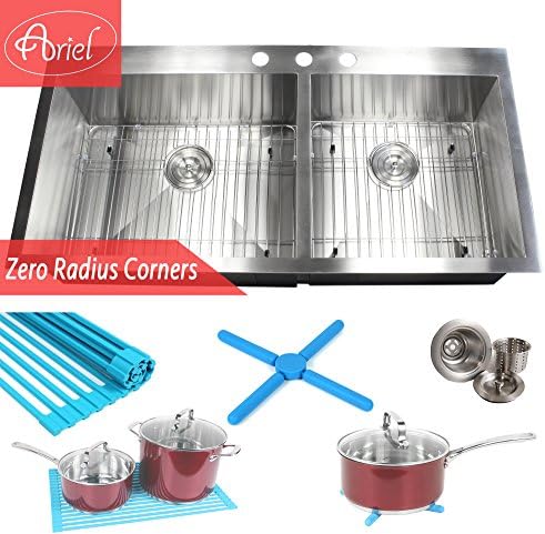 Ariel 43 Inch Zero Radius Design 16 Gauge Topmount Drop In Over the Counter Large Double Bowl 6040 Stainless Steel Kitchen Sink Premium Package