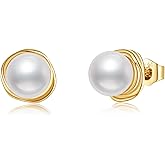 DOVRAN 14K Gold Round Freshwater Cultured Pearl Stud Earrings for Women Solid Gold Jewelry for Her