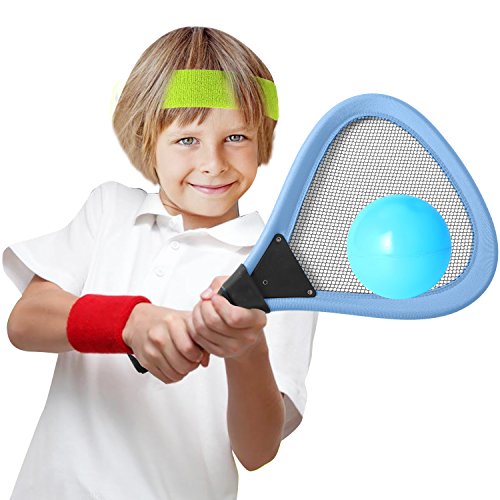 rainbow yuango Pack of 2 15'' Badminton Tennis Rackets Kit with 2 Balls Junior Sports Elastic Mesh Badminton Racquets Set for Kids Outdoors Play Game Toy(596-Blue)