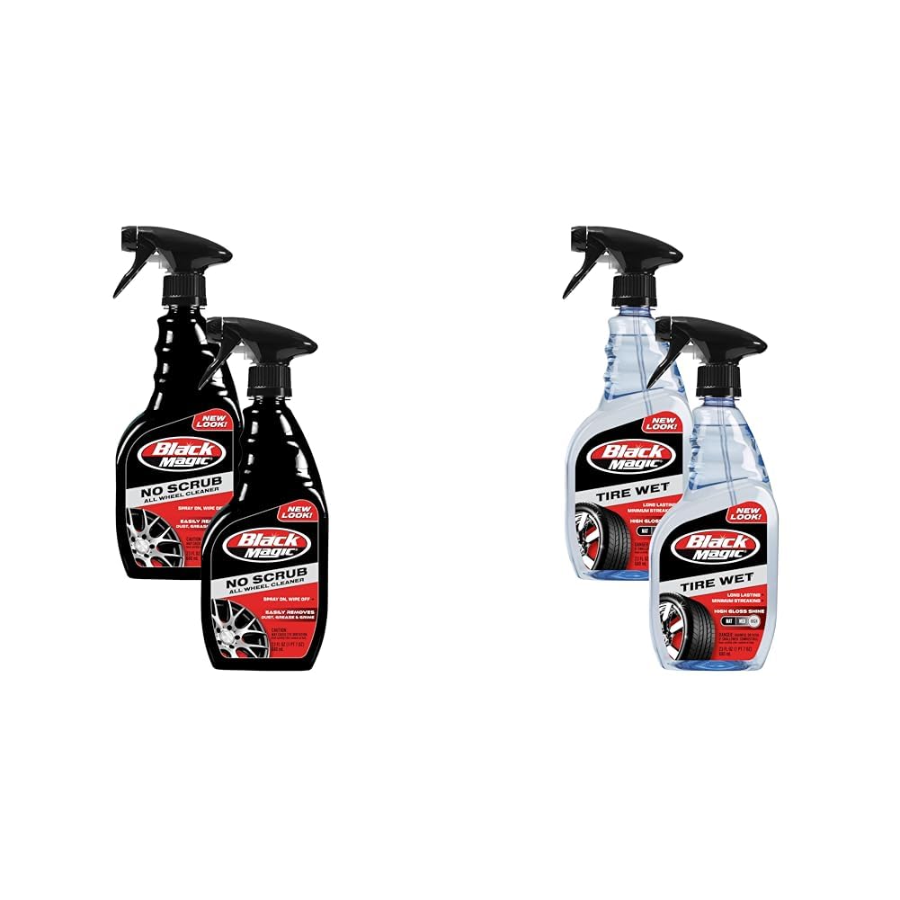 Black Magic No Scrub All Wheel Cleaner (23 oz, Pack of 2) & Tire Wet Spray (23 oz, Pack of 2) - Complete Wheel Care Bundle for Clean Wheels and Glossy Tires Image