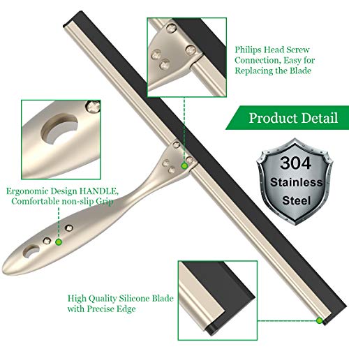 LPOLER Shower Squeegee, All-Purpose Stainless Steel Shower Cleaner for Shower Doors, Bathroom, Window, Mirror and Car Glass, Longer Handle with Hook and Screwdriver - 14 Inches (Gold) - Thumbnail 3