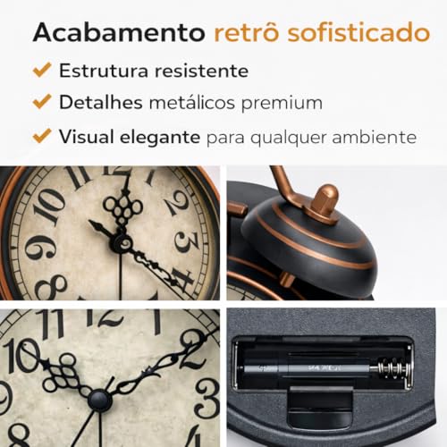Relógio Despertador Retrô, Preto com Cobre, Estilo Vintage, Design Clássico, Ideal para Mesa de Cabeceira