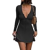 GCZREN Women Sexy Deep V Neck Button Front Knit Mini Dress Elegant Long Sleeve Ribbed Flowy Hem A-Line Short Dresses