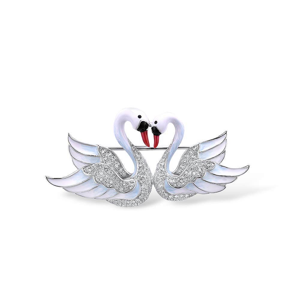 Namana 925 Sterling Silver Brooches for Women, Sterling Silver Ladies Brooches in a Swan Couple Design with Enamel Details and Cubic Zirconia Stones, Silver Brooches for Ladies with Gift Box