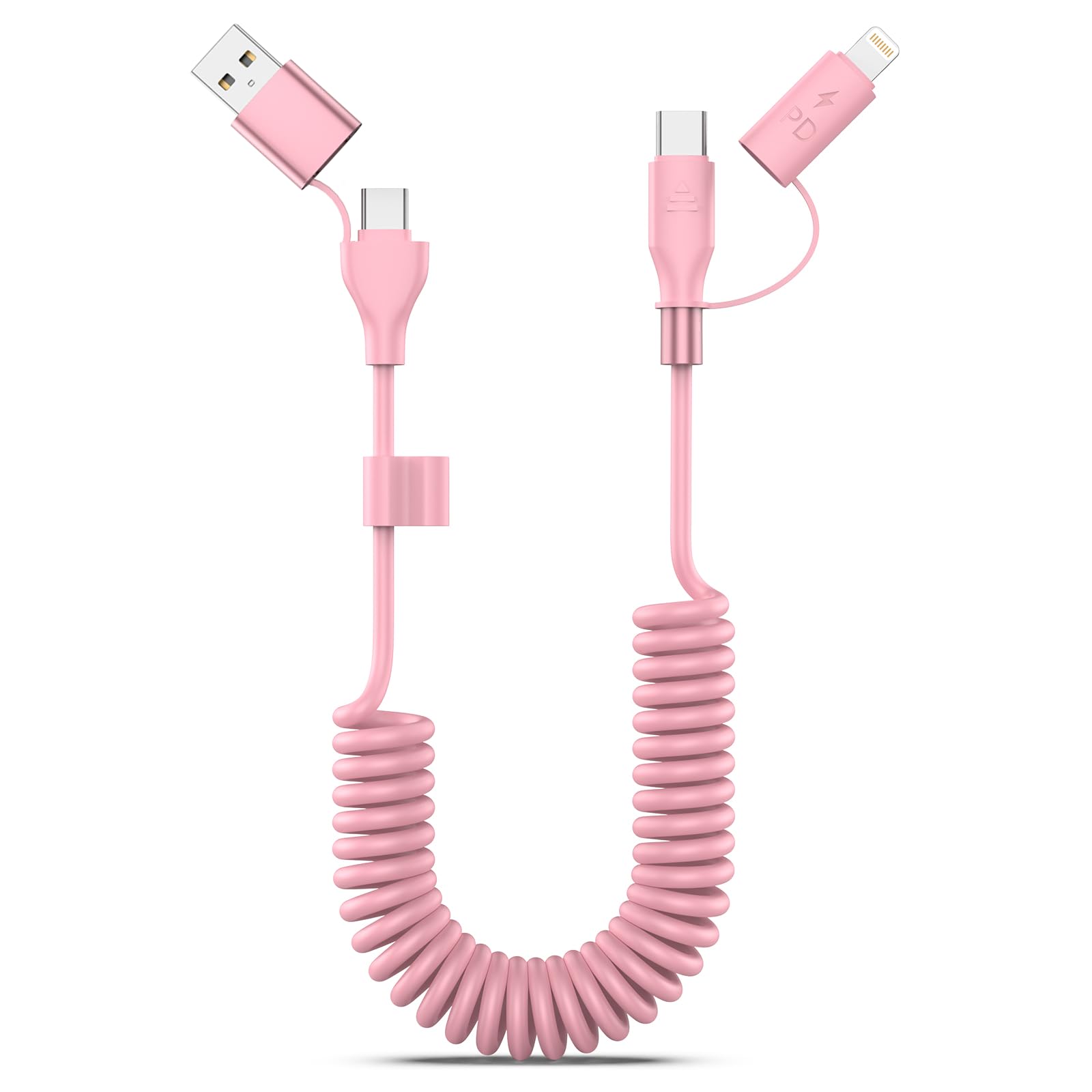 Photo 1 of Coiled USB-C and Lightning Cable 2-in-1, 3FT iPhone 15 16 Car Charger Cord, 60W Fast Charging Cable for iPhone 17, Samsung Galaxy Supports Apple CarPlay & Android Auto (Pink)