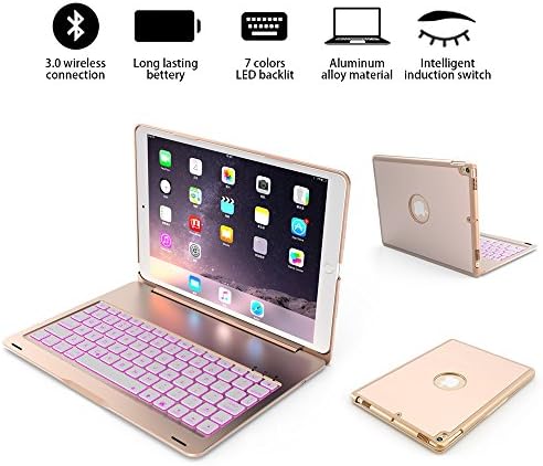 iPad pro 10.5 Bluetooth keyboard case, Wireless Bluetooth Keyboard Cover for gold iPad pro 10.5 inch(A1701/A1709), Fit Protective Hard Shell Case 7 Colors LED Backlit, thin / light / portable (Golden)