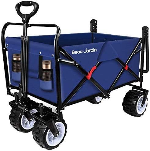 BEAU JARDIN Folding Push Wagon Cart 300 Pound Capacity Collapsible Utility Camping Grocery Canvas Fabric Sturdy Portable Rolling Lightweight Buggies Outdoor Garden Sport Heavy Duty Shopping Wide Wheel
