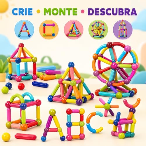 Blocos de Montar Magnéticos 64 Peças Construção 2D 3D Brinquedo Educativo Infantil Criatividade STEM Ímã Resistente Caixa