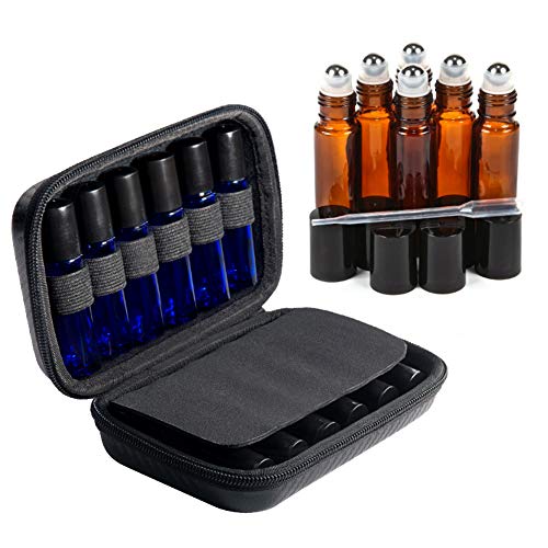 Roller Bottle Essential Oil Carrying Case Bundle with Accessories - Holds 12 5ml & 10ml Roller Bottles- Comes W/ 6 Amber Glass Stainless Steel Roller Bottles & Free Roller Bottle Opener-Black