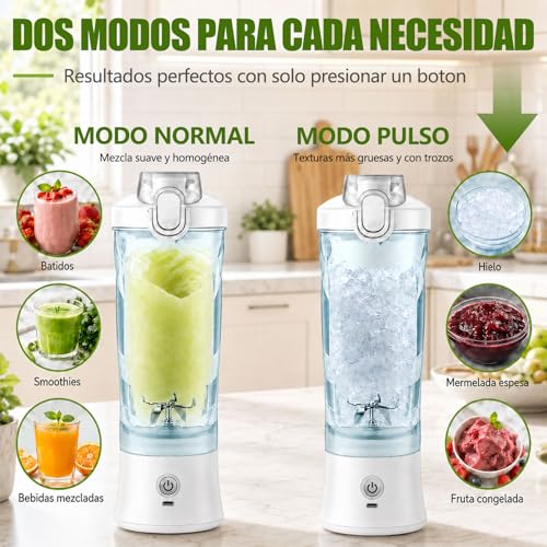 Licuadora Portatil, Licuadora con Bloqueo de Seguridad, 600 ml Licuadora Personal Recargable Adecuada, Blender Adecuada para Viajes y Fitness con Tapa Antiderrames (Blanco)
