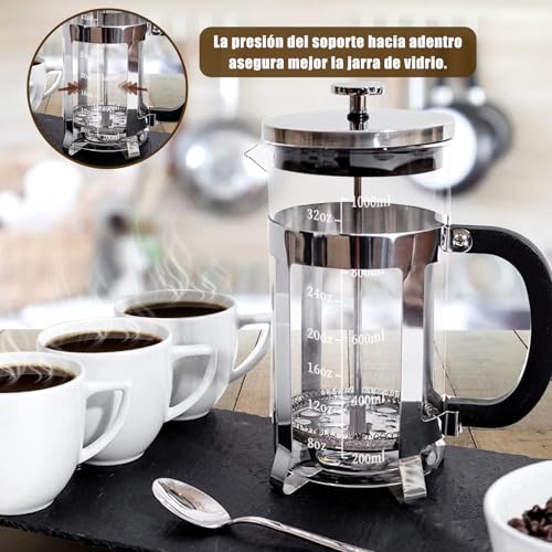 Prensa Francesa De Vidrio,Cafetera Prensa Francesa 1 Litro De Vidrio Resistente a Altas Temperaturas y Acero Inoxidable, Para Preparar Café o Tisana, Ideal Para Café Molido e Infusiones (Transparente)