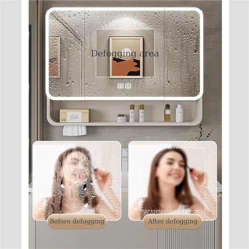 Botiquín con espejo para baño, Espejo de baño con almacenamiento, botiquín LED montado en la pared de aluminio, antivaho, atenuación continua, gabinete con espejo de tocador for baño(White,90x13x51cm)