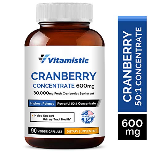 Vitamistic Organic Cranberry 50:1 Whole Fruit Concentrate 600mg, 90 Veggie Capsules, Equivalent to 30,000mg of Fresh Cranberries, Non-GMO Dairy Soy Free, Supports Bladder and Urinary Tract Health