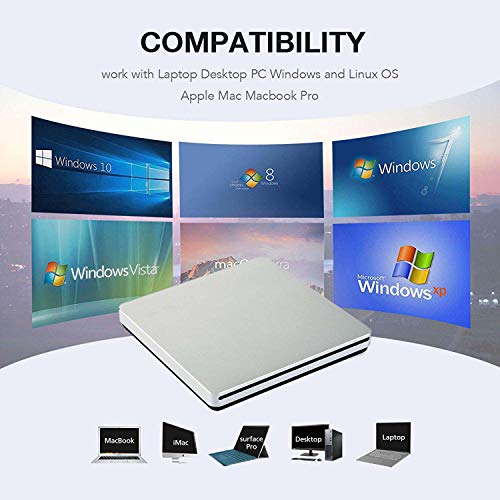 External DVD CD Drive USB3.0 VikTck USB C Super Drive External DVD CD+/-RW Burner Writer Optical Drive Compatible for with Mac/MacBook Pro/Air/iMac/Laptop/Desktop PC/Windows 7/8.1/10 (Silver)