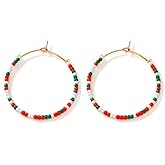 SHINUS BOHO Handmade American Flag USA Christmas Colorful Beaded Large Gold Hoop Earrings for Women, Circle Hoops Cartilage Hypoallergenic Holiday Prom Jewelry Gift