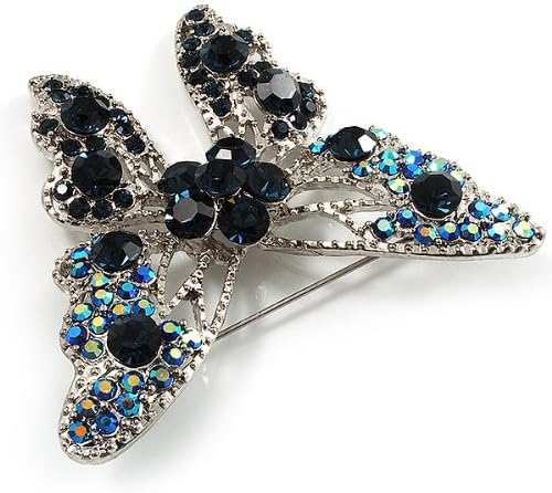 Dazzling Navy Blue Diamante Butterfly Brooch (Silver Tone), silver, blue, dark blue - Image 4