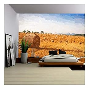 Oil Painting Summer Landscape - hay Bales on The Field After Harvest. Original Oil Painting on Canvas. - Removable Wall Mural | Self-Adhesive Large Wallpaper - 66x96 inches