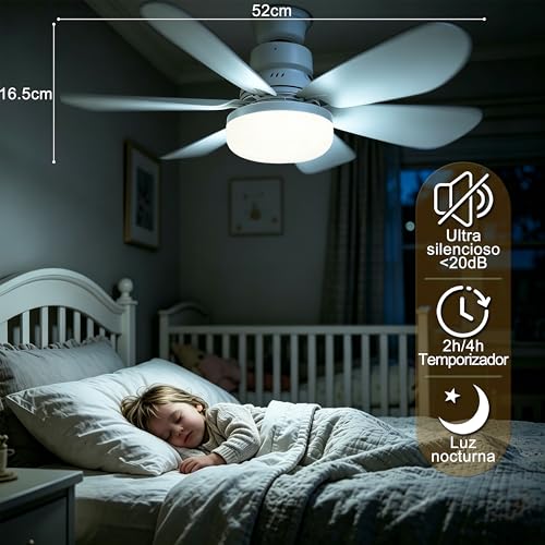 Ventilador de techo con luz LED 40W, 52cm, 6 aspas, control remoto, 3 velocidades, 3 colores de luz, 3000-6500K, motor ultra silencioso, E26/E27, ideal para sala y dormitorio (Blanco)