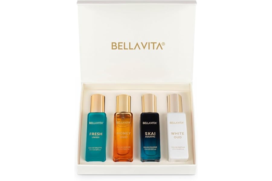 BellaVita Luxury Unisex Cologne Gift Set (4x20ml) | Fragrances Includes Honey OUD, SKAI, FRESH & White OUD | Travel Size Mini Perfumes & Spicy Vanilla Perfume Oil | Unisex Perfume for Women & Men