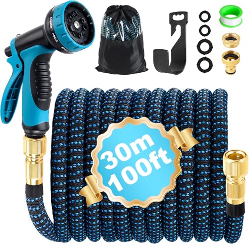 30 m Expandable Garden Hose with 1/2 Inch and 3/4 Inch Adapter, 10 Functions Spray Gun, Bracket, Garden Irrigation, Cleaning Gardening, Car Washing
