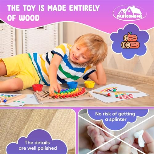 AM ANNA Wooden Peg Board Beads Game, Toddler Wooden Learning Montessori Toys for Kids 2-3 Years Old, Rainbow Stacking Matching Counting Color Sorting Games for Fine Motor Math Skills (Rainbow)