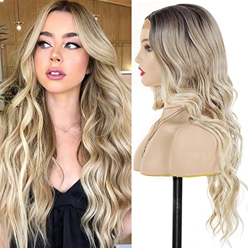 POPTAIYU Long Ombre Blonde Wavy Lace Front Wigs for Women with Dark Roots Synthetic Curly Natural Wavy Heat Resistant Hair for Daily Party Use (Ombre Blonde,26inch)