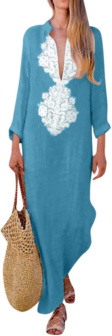 cobalt tropical print batwing sleeve split leg maxi dress