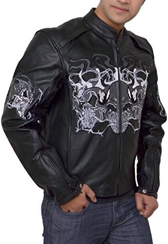Thrix Leather Reflective Evil Triple Flaming Skull Motorcycle Jacket XL Black