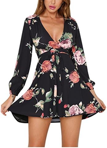 Siyinfushi Women Print Long Sleeve Sexy Deep V-neck Casual Summer Mini Dress (L, 11-Flotwo)