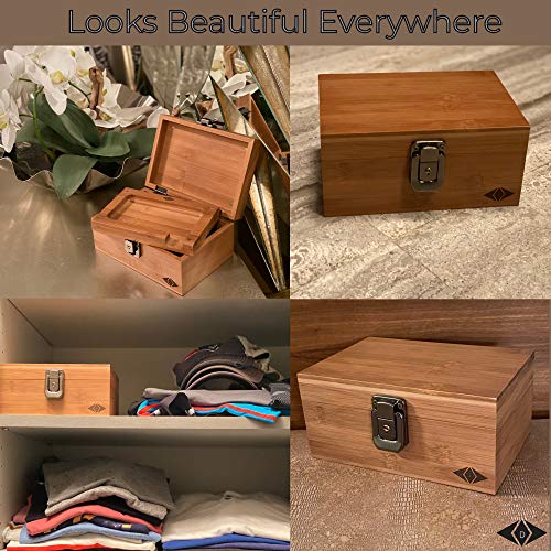 Premium Stash Box Kit with Lock - and Bamboo Wood Rolling Tray Combo, 100 mL Airtight UV Smell Proof Jar, Premium Grinder with Magnetic Lid, Charcoal Bag, 2 Discreet Odorless Resealable Bags