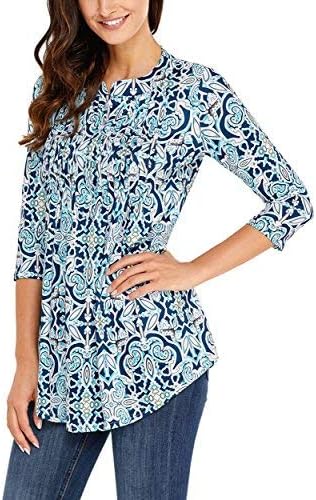 XMYXTX Woman Tops 3/4 Sleeve V-Neck Printed Pleated Casual Tunic Tops Blouses